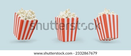 Striped square paper box with popcorn. Set of color realistic images. Classic fast food for cinema, movie. Snacks with different flavors. Vector image with shadows