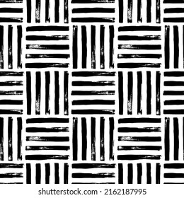 Striped square seamless pattern. Horizontal and vertical hand drawn black stripes. Black and white abstract geometric background. Trendy minimalist seamless pattern with mosaic regular structure. 