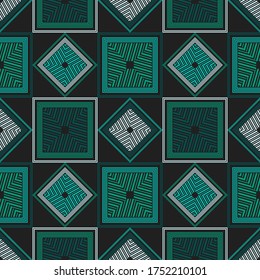 Striped squares. Seamless pattern. Geometry. Design with manual hatching. Textile. Ethnic boho ornament. Vector illustration for web design or print.