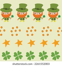 Striped St. Patrick's Day seamless pattern. Hand drawn illustration with lined up Leprechauns, clovers, stars and coins. For textile, wrapping paper, packaging, decor, DIY projects.