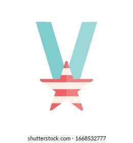 striped star medal flat style icon design, Winner first position competition success sport best leadership compete and challenge theme Vector illustration