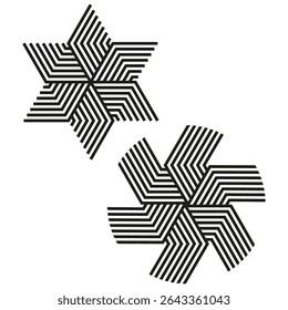 Striped star shape. Geometric abstract icon. Symmetric vector form. Bold black figure.