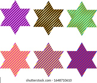 Striped stars with six points or hexagram in different colors