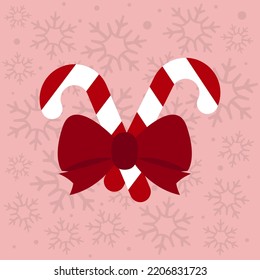 Vasos de golosinas a rayas de Navidad con arco rojo. Ilustración vectorial aislada en el fondo del invierno de los showflakes. Diseño plano
