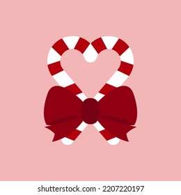 Striped stick candy canes with red bow isoalated on pink background. Red sugar heart in flat style design