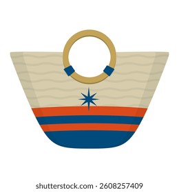 Striped Straw Bag with Round Handles and Nautical Star Design Vector Illustration Image
