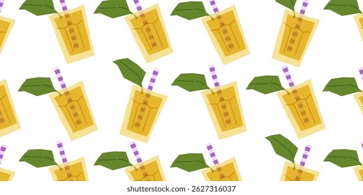 Striped Straw Lemonade Glass Pattern with yellow drinks, green mint leaves and purple straws arranged on a white seamless background in playful flat style.
