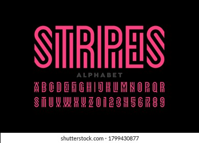 Striped style font, alphabet letters and numbers vector illustration