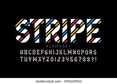 Striped style font, alphabet letters and numbers vector illustration