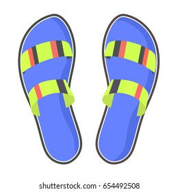 Striped summer flip-flops with blue footbed isolated on white background. Women comfortable footwear for fresh look and beach walks. Fashionable women footwear with a flat sole vector illustration.