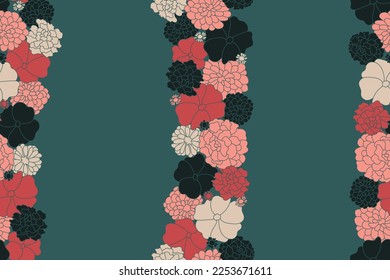 Striped Summertime Pink, White, and Green Meadow Flowers Textiles Surface Design Fashion Seamless Repeat Pattern Design Eps Vector