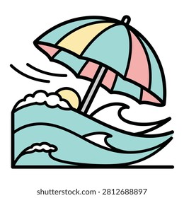 A striped sunshade standing amidst rolling blue sea waves with a yellow sun peeking through. Ideal for summer vacation and tropical resort ads.