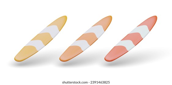 Striped surfboard. Surfing equipment. Set of isolated color illustrations. Image for rental business. Sports water equipment. Realistic vector web design