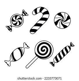 Striped sweetmeats set, line art design. Hard candy, candy cane, lollipop, candies in wrapper. Design element for Christmas, New Year, birthday, party. Vector illustration isolated on white background