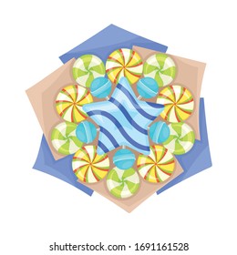 Striped Sweets and Candies Arranged in Bouquet and Wrapped in Paper View from Above Vector Illustration
