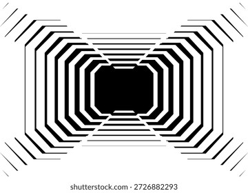 Striped symmetrical Vector frame. Abstract black Vector pattern of broken lines on a white background. Technological pattern. Sport vector background for covers, advertising, posters, packaging. dynamic design element. Stripes in retro style. Rays, waves