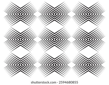 Striped symmetrical vector pattern in retro style with black lines on white background. Design element for covers, prints, packaging and graphic projects. Vector background.
