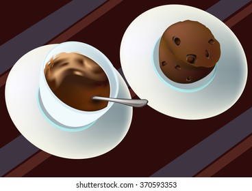 Striped tablecloth, cup of coffee and cake