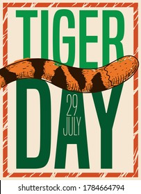 Gestreifter Schwanz in handgezeichnet Stil über Schild und Rahmen für den Tigertag am 29. Juli.