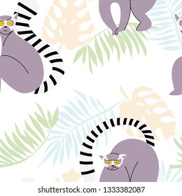 
Striped tail lemur pattern. Seamless pattern. Background leaves.