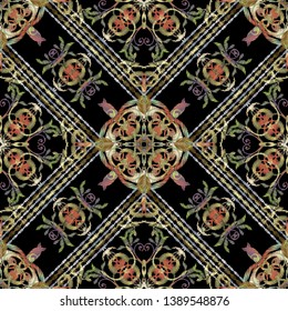Striped tapestry Baroque vector seamless pattern. Geometric ornamental grunge background. Embroidery baroque style rich Damask ornament with colorful stripes, lines, flowers, leaves, geometric shapes.