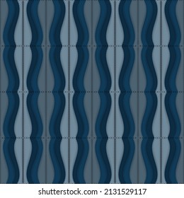 Patrón sin soldadura de tapicería a rayas. Bordes de bordado verticales texturados. Las líneas de zigzag ondean adornos bordados. Repetir el fondo en colores azules. Una textura agria e interminable. Fondo vectorial moderno.