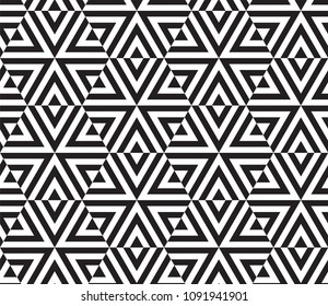 STRIPED TAPPING TRIANGLE. GEOMETRIC SEAMLESS VECTOR PATTERN. MODERN STYLISH TEXTURE.