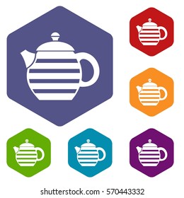 Striped teapot icons set rhombus in different colors isolated on white background