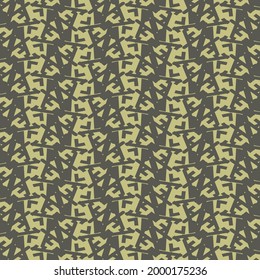 Striped textile pattern, in black and green, composed of various fragments, broken lines and signs. Mixed decorative background.