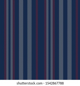 Striped textile pattern seamless vector background. Dark vertical stripes in navy blue, bordo red, and grey for menswear shirt, loungewear, or other modern textile print.