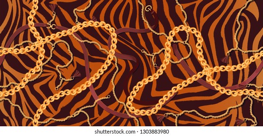 Striped texture with tiger fur with gold chains and leather tassels straps, design and corporate identity. Seamless vector pattern in red and black colors.