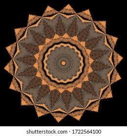 Striped textured grunge vector mandala pattern. Tapestry geometric modern background. Embroidery abstract backdrop. Symmetrical zigzag ornaments. Embroidered texture. Elegant ornate zig zag design.