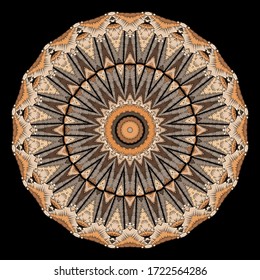 Striped textured grunge vector mandala pattern. Tapestry geometric modern background. Embroidery  abstract backdrop. Symmetrical round ornaments. Embroidered texture. Elegant ornate zigzag design.