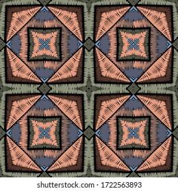 Grunge vectorial rayado sin fisuras. Fondo geométrico moderno del tapiz. El bordado repite el fondo abstracto. Ornamentos simétricos de rayas. Textura bordada. Elegante diseño ornamentado.