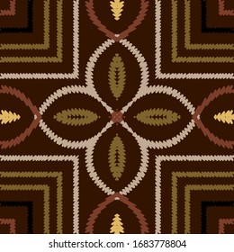 Striped textured  vector seamless pattern. Colorful floral background. Tapestry flowers, leaves, frames, shapes, zigzag, stripes, lines. Embroidery geometric ornaments. Embroidered grunge texture.