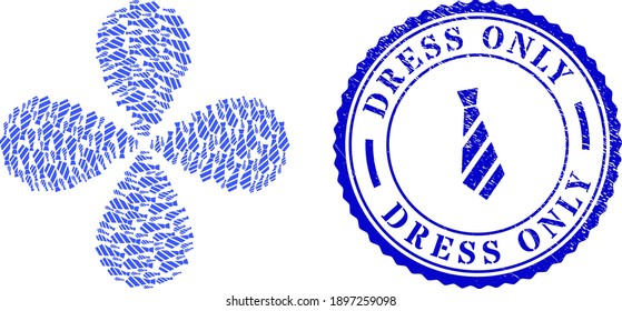 Striped tie twirl flower shape, and blue round DRESS ONLY rough watermark with icon inside. Object flower with 4 petals combined from oriented striped tie items. Vector flower collage in flat style.