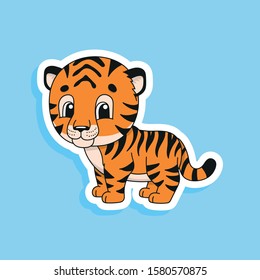 Striped tiger. Bright color sticker of a cute cartoon character. Flat vector illustration isolated on color background. Design element.