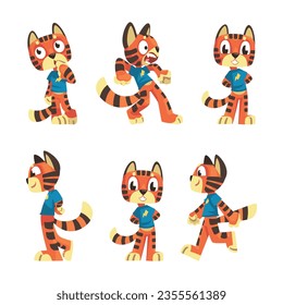 Striped Tiger Character in Blue Shirt with Orange Fur Vector Set