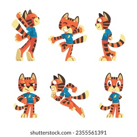 Striped Tiger Character in Blue Shirt with Orange Fur Vector Set