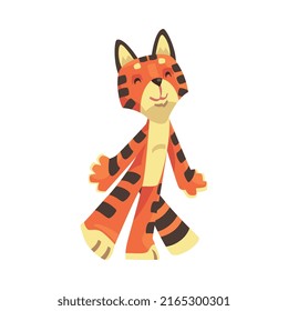 Striped Tiger Character with Orange Fur Standing and Smiling Vector Illustration