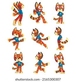 Striped Tiger Character with Orange Fur Wearing Sweatshirt Standing and Running Vector Set