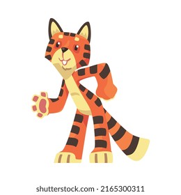 Striped Tiger Character with Orange Fur Standing and Moving Body Vector Illustration