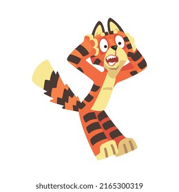 Striped Tiger Character with Orange Fur Shouting with Fear Vector Illustration