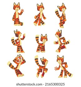 Striped Tiger Character with Orange Fur Standing and Running Vector Set