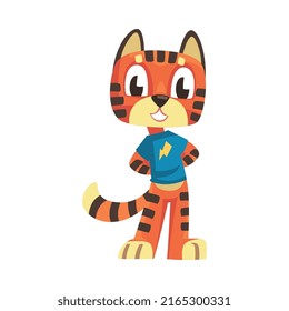 Striped Tiger Character with Orange Fur Wearing Blue Sweatshirt Standing Vector Illustration