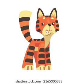 Striped Tiger Character with Orange Fur Standing and Smiling Vector Illustration