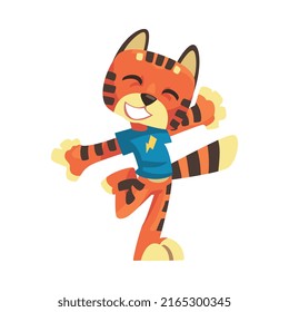 Striped Tiger Character with Orange Fur Wearing Blue Sweatshirt Rejoicing Vector Illustration