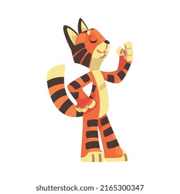 Striped Tiger Character with Orange Fur Standing and Gesticulating with Paw Vector Illustration