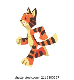 Striped Tiger Character with Orange Fur Running Vector Illustration