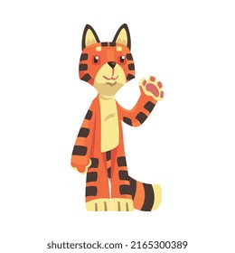 Striped Tiger Character with Orange Fur Standing and Waving Paw Vector Illustration